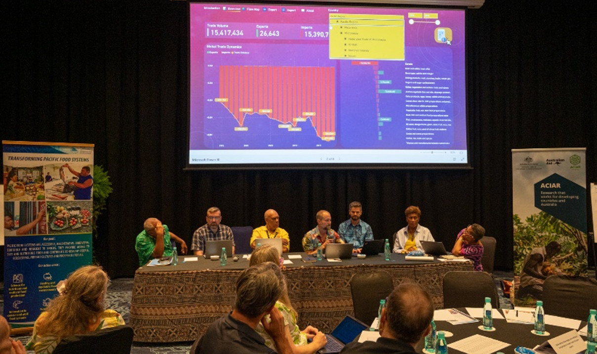 Photo: Dr Tom Brewer, ANCORS, University of Wollongong, lead database developer and curator, presenting the Pacific Data Hub dashboard at Pacific Week of Agriculture and Forestry in early March 2023.