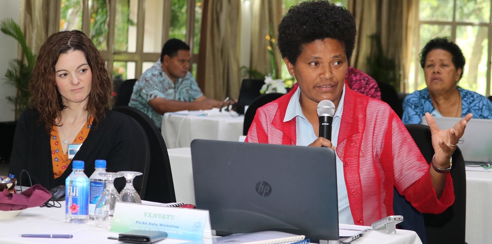 Vanuatu's Norah Wells contributes to the discussion as ACER's Louise Ockwell looks on.JPG