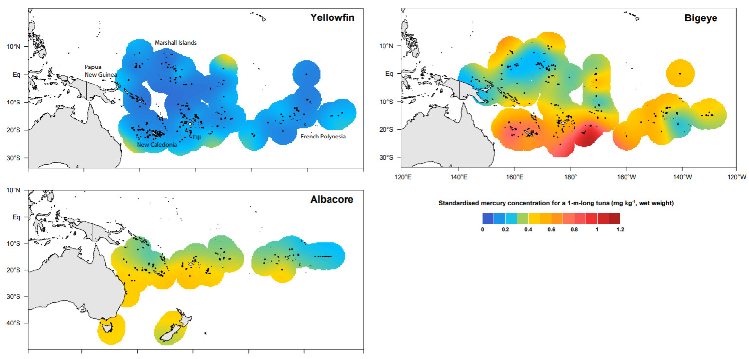 Figure 3. Geographic distribution of mercury levels for yellowfin