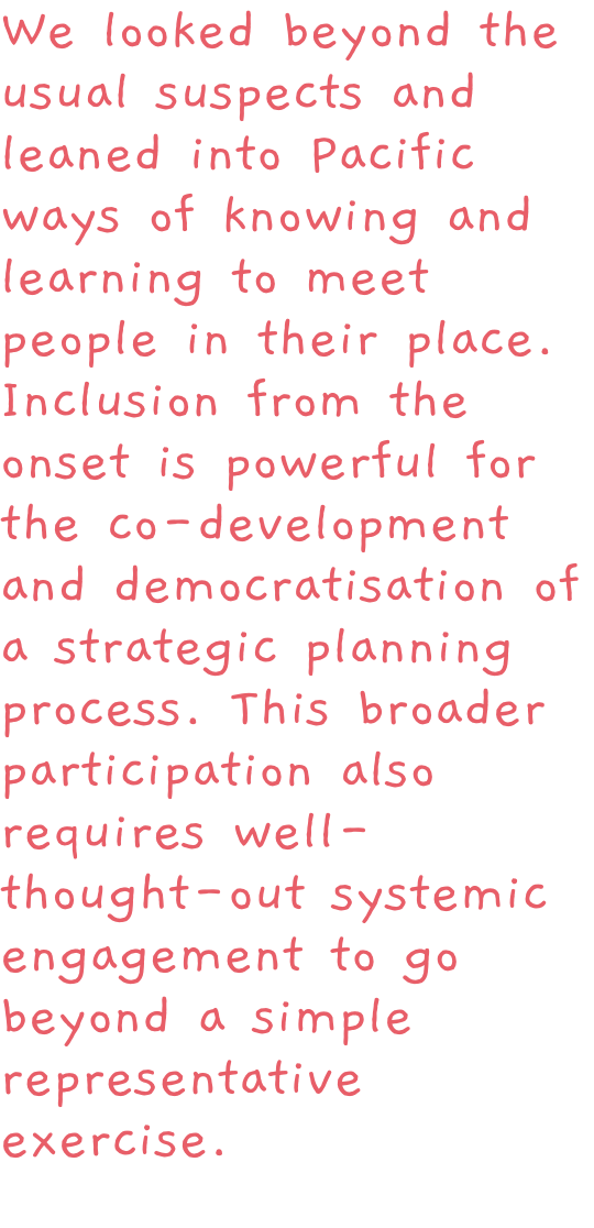 We looked beyond the usual suspects and leaned into Pacific ways of knowing and learning to meet people in their place. Inclusion from the onset is powerful for the co-development and democratisation of a strategic planning process. This broader participat