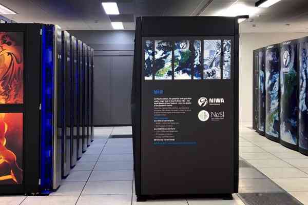 Two of the three supercomputers which make up the HPCF are housed in NIWA’s Greta Point campus in Wellington. Mahuika is on the left, a shared storage system is in the middle and Māui is on the right. [Photo: NIWA]